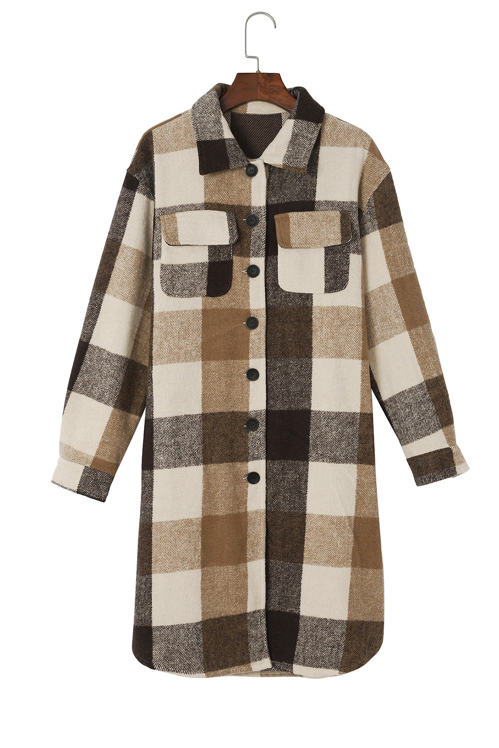 Rose Tan Plaid Button-Down Flap Pocket Long Shacket