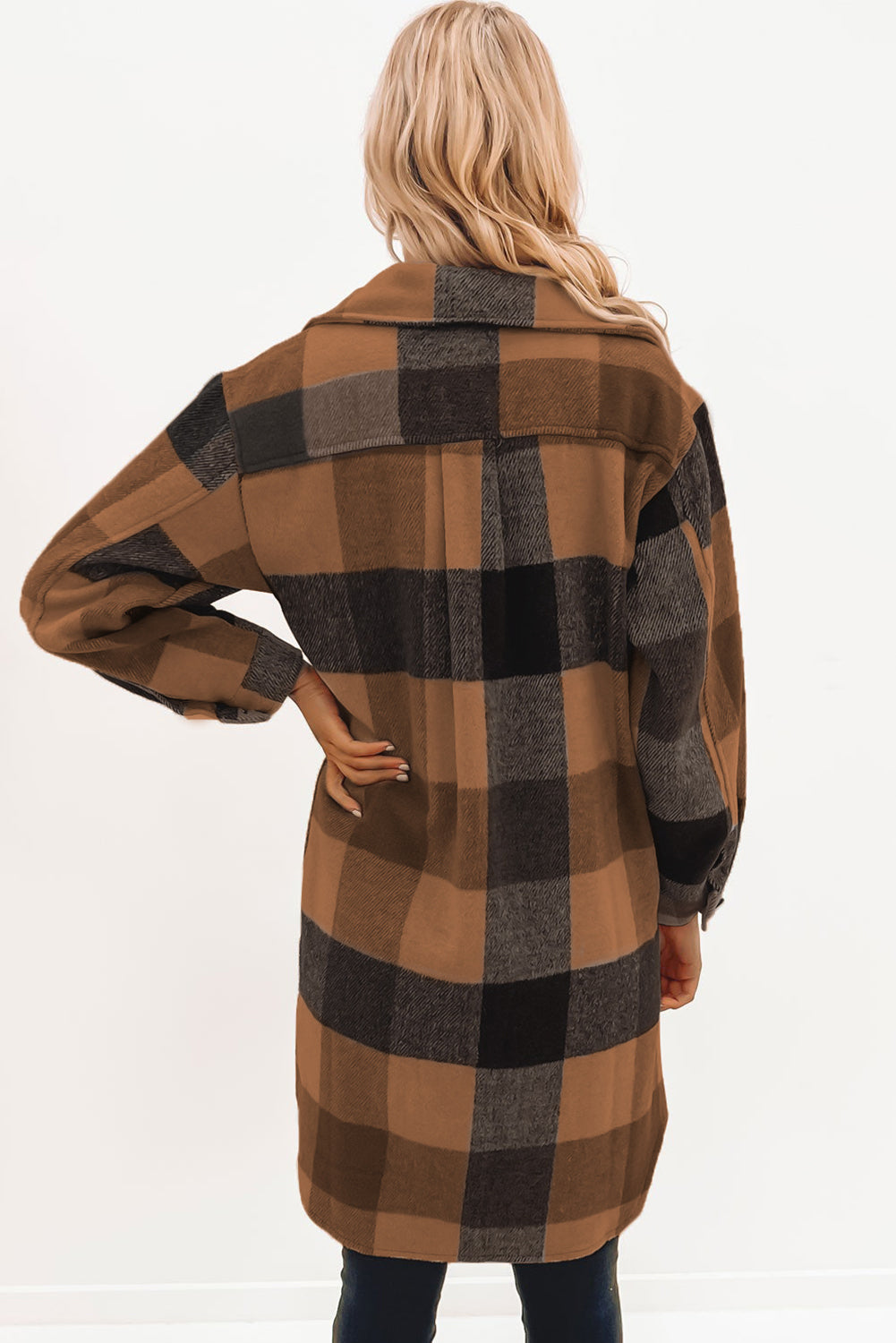 Rose Tan Plaid Button-Down Flap Pocket Long Shacket