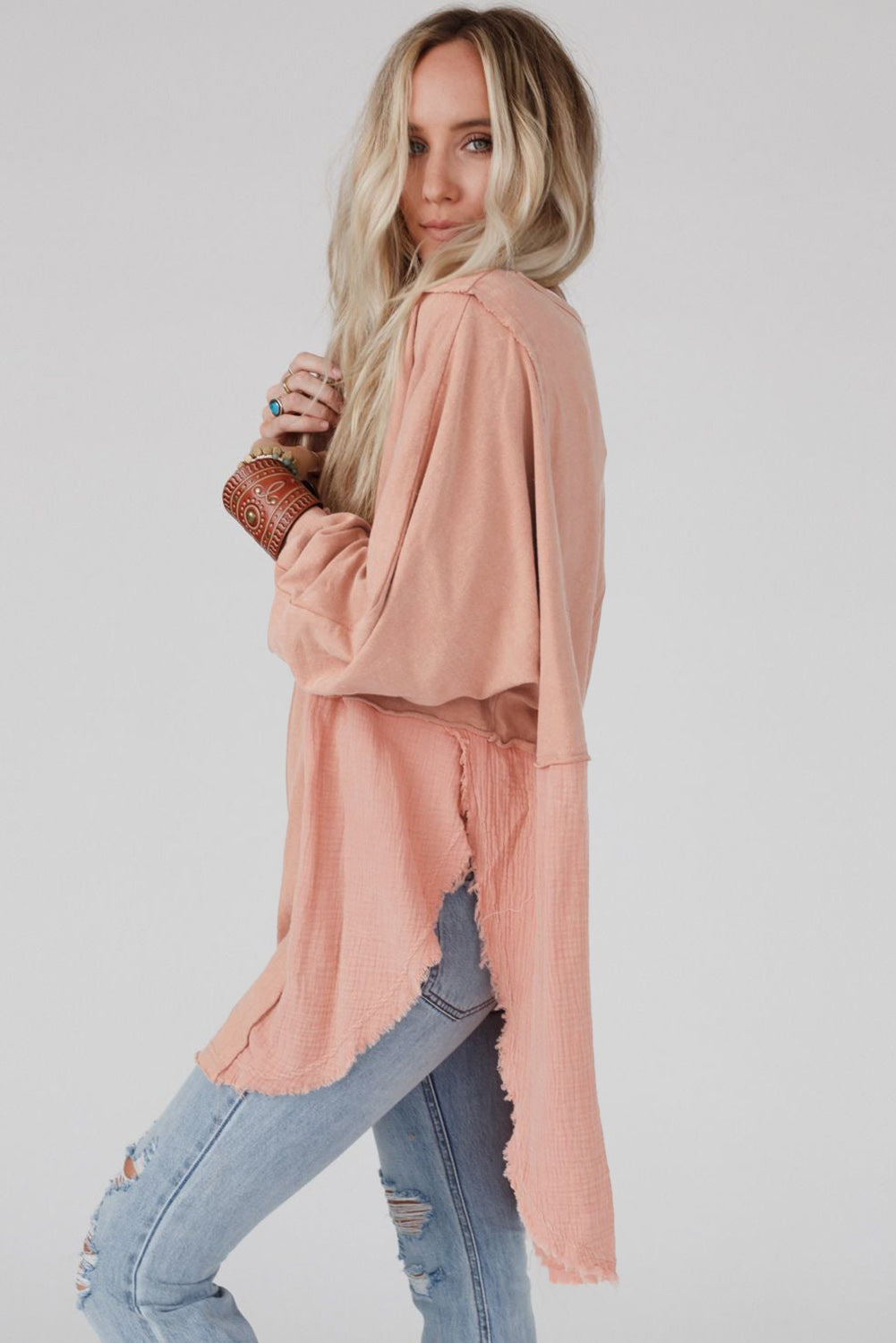 Rose Pink Crinkle Splicing Raw Hem High Low Oversized Blouse