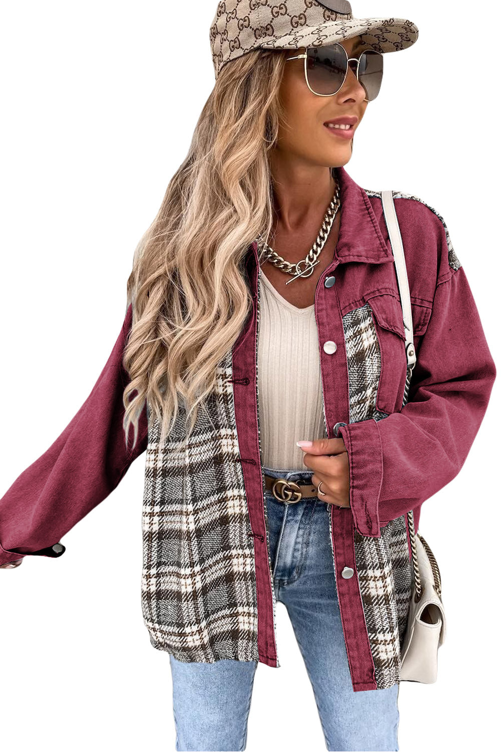 Sky Blue Plaid Patchwork Pockets Denim Jacket