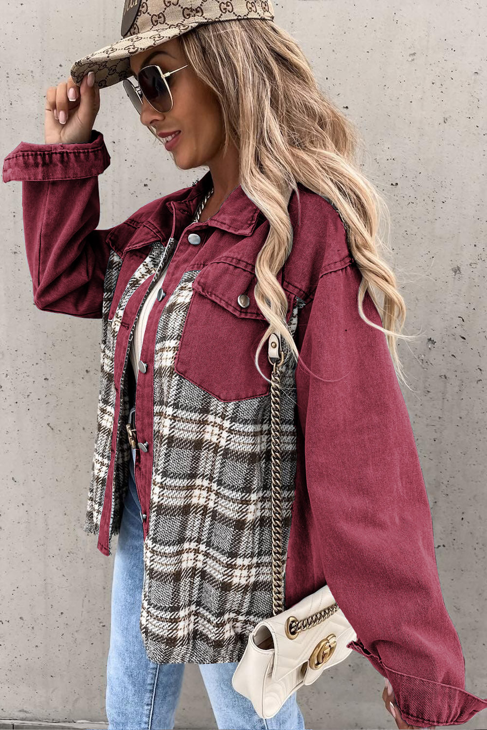 Sky Blue Plaid Patchwork Pockets Denim Jacket