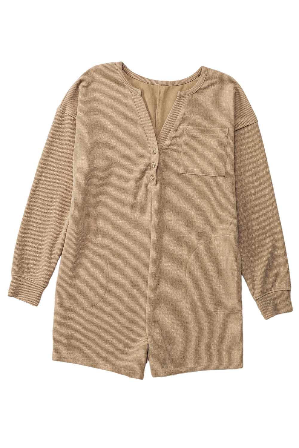 Khaki Brushed Ribbed Button Split V Neck Long Sleeve Romper