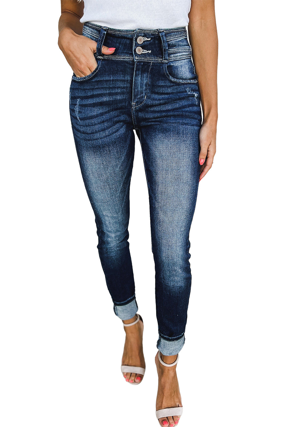 Blue Vintage Washed Two-button High Waist Skinny Jeans