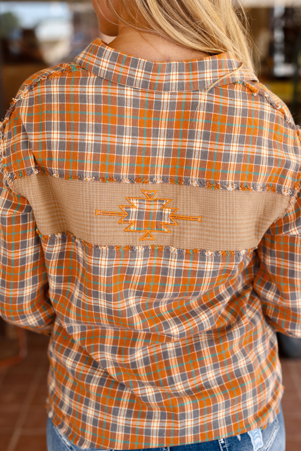 Ginger Plaid Embroidery Patch Button-Down Shacket