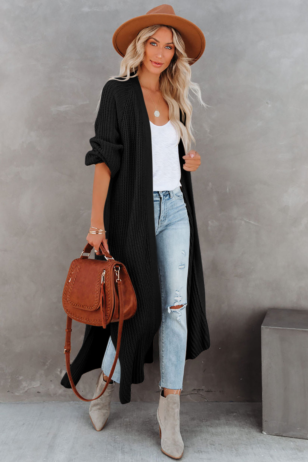 Black Open Front Side Slit Duster Knit Cardigan