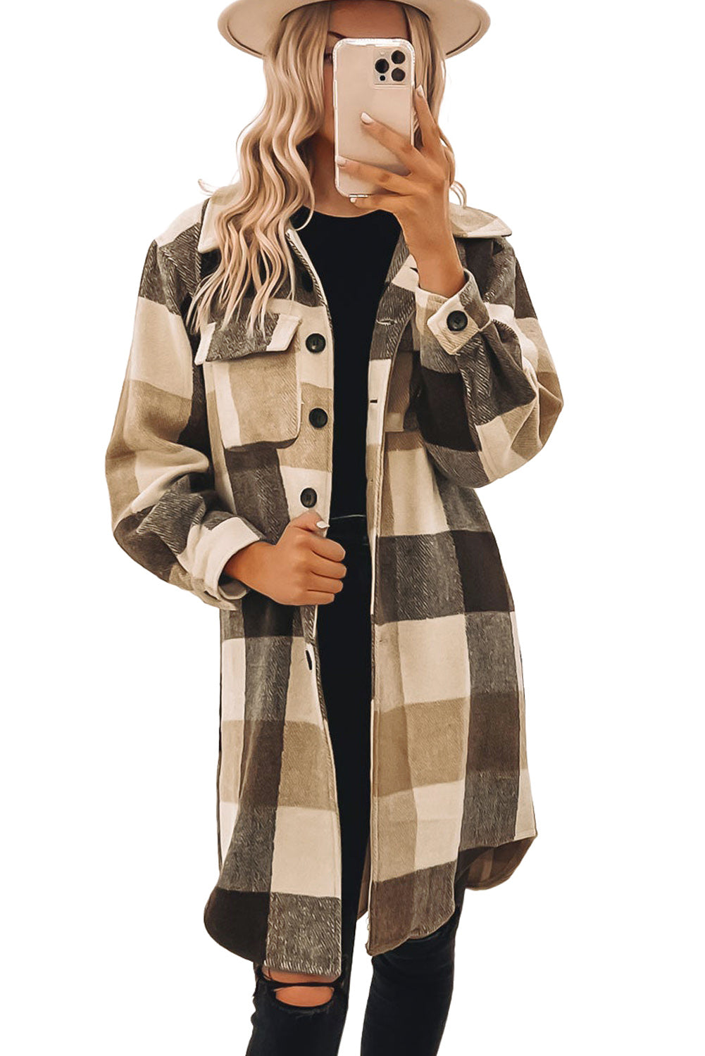 Rose Tan Plaid Button-Down Flap Pocket Long Shacket