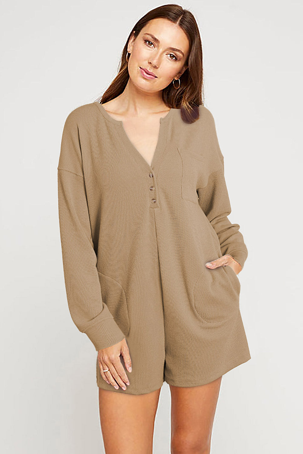 Khaki Brushed Ribbed Button Split V Neck Long Sleeve Romper