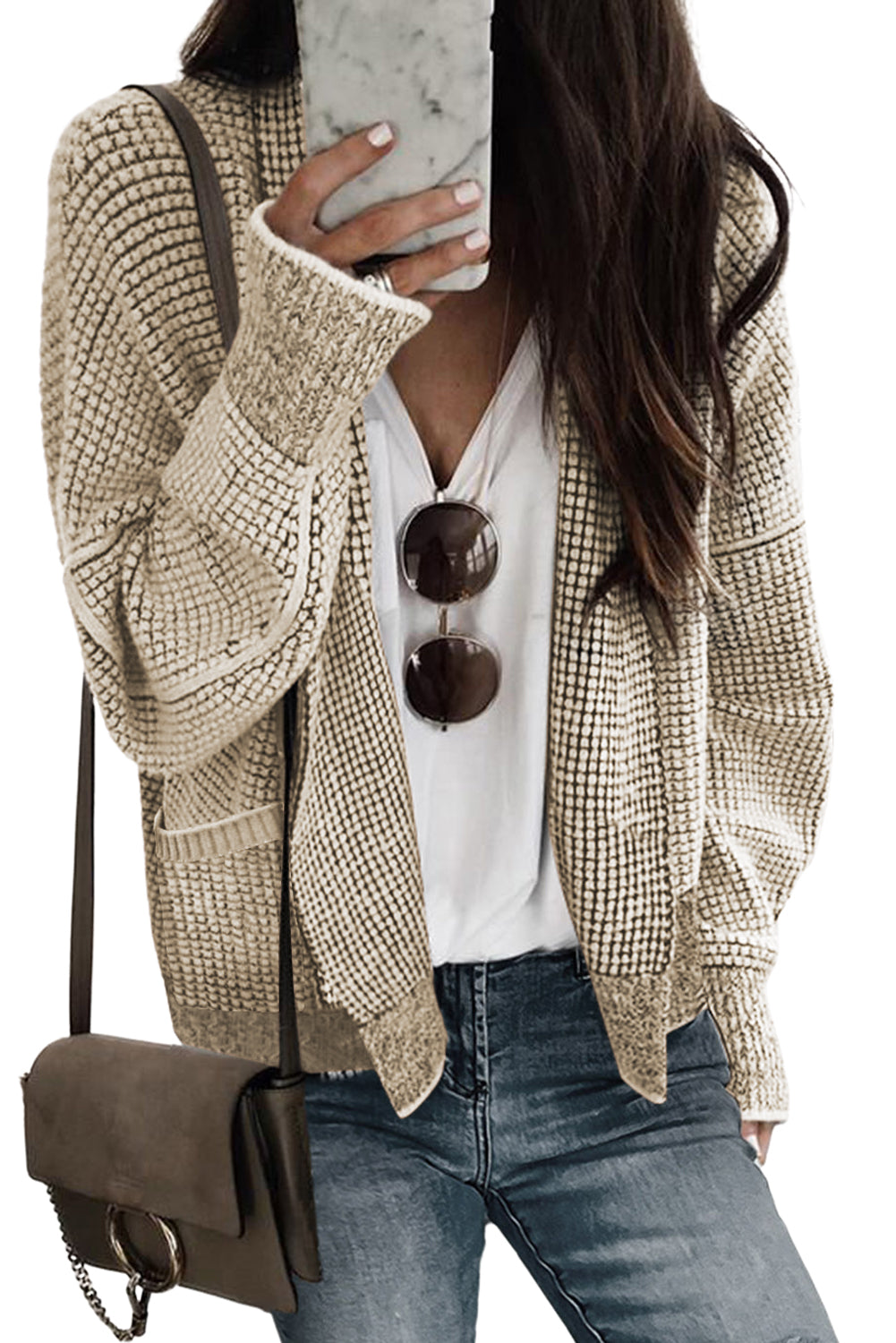 Gray Chunky Waffle Knit Oversized Collar Cardigan