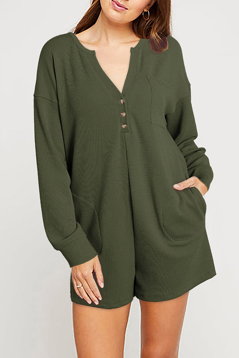 Khaki Brushed Ribbed Button Split V Neck Long Sleeve Romper