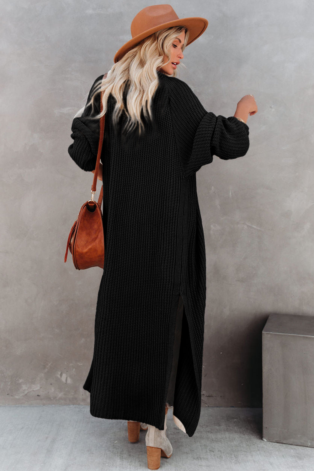 Black Open Front Side Slit Duster Knit Cardigan