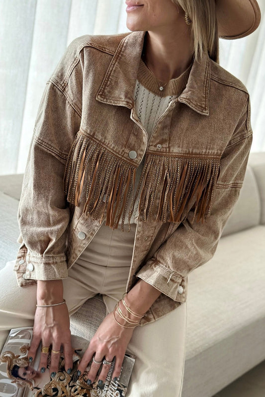 Brown Rhinestone Fringed Cowgirl Fashion Denim Jacket