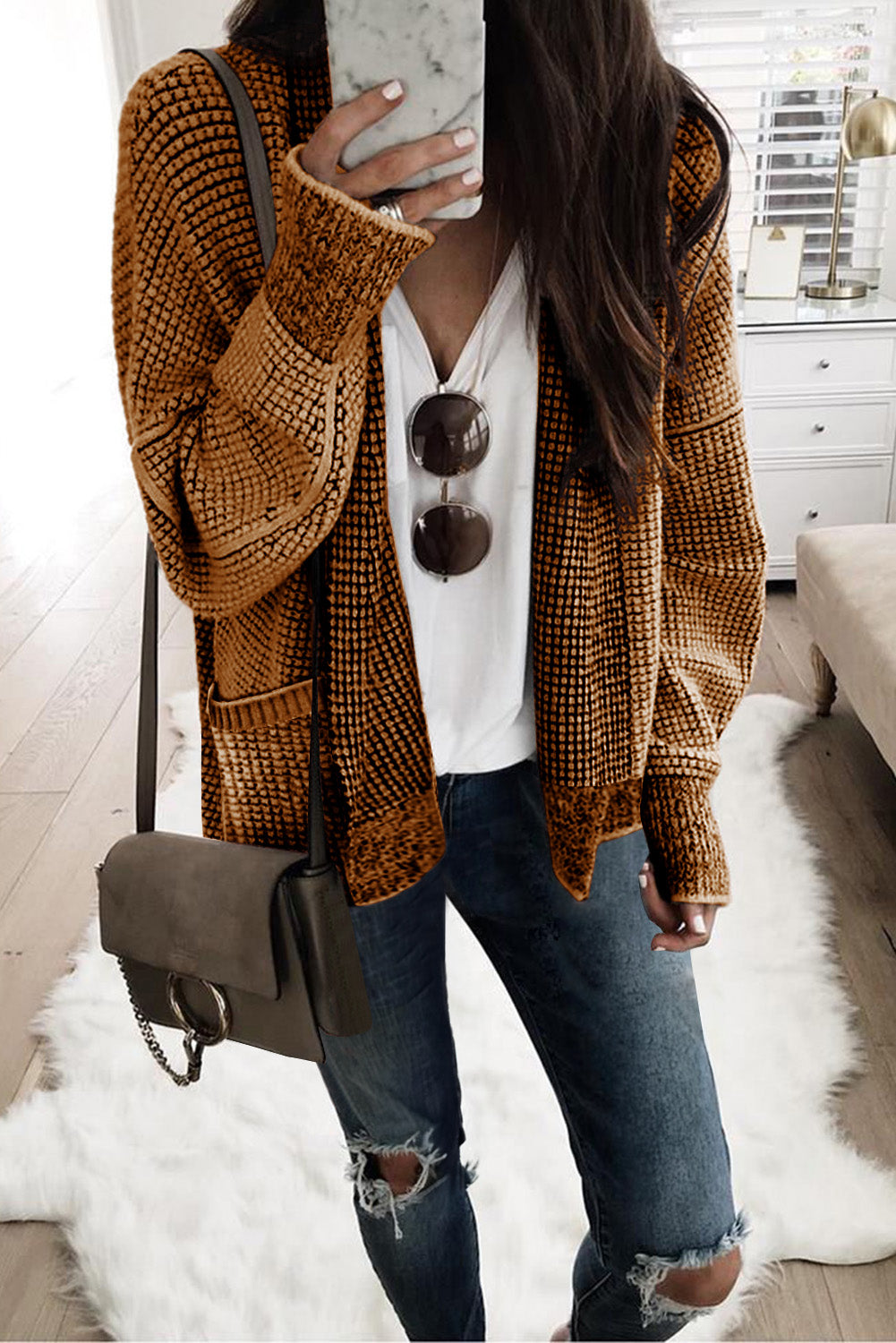 Gray Chunky Waffle Knit Oversized Collar Cardigan