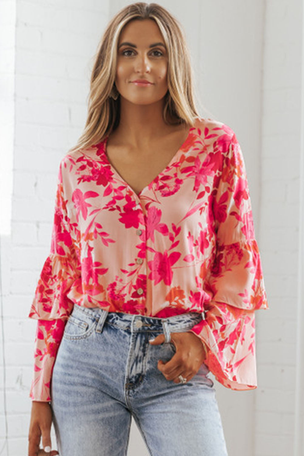 Pink Floral Print Tiered Bell Long Sleeve Buttoned Bodysuit