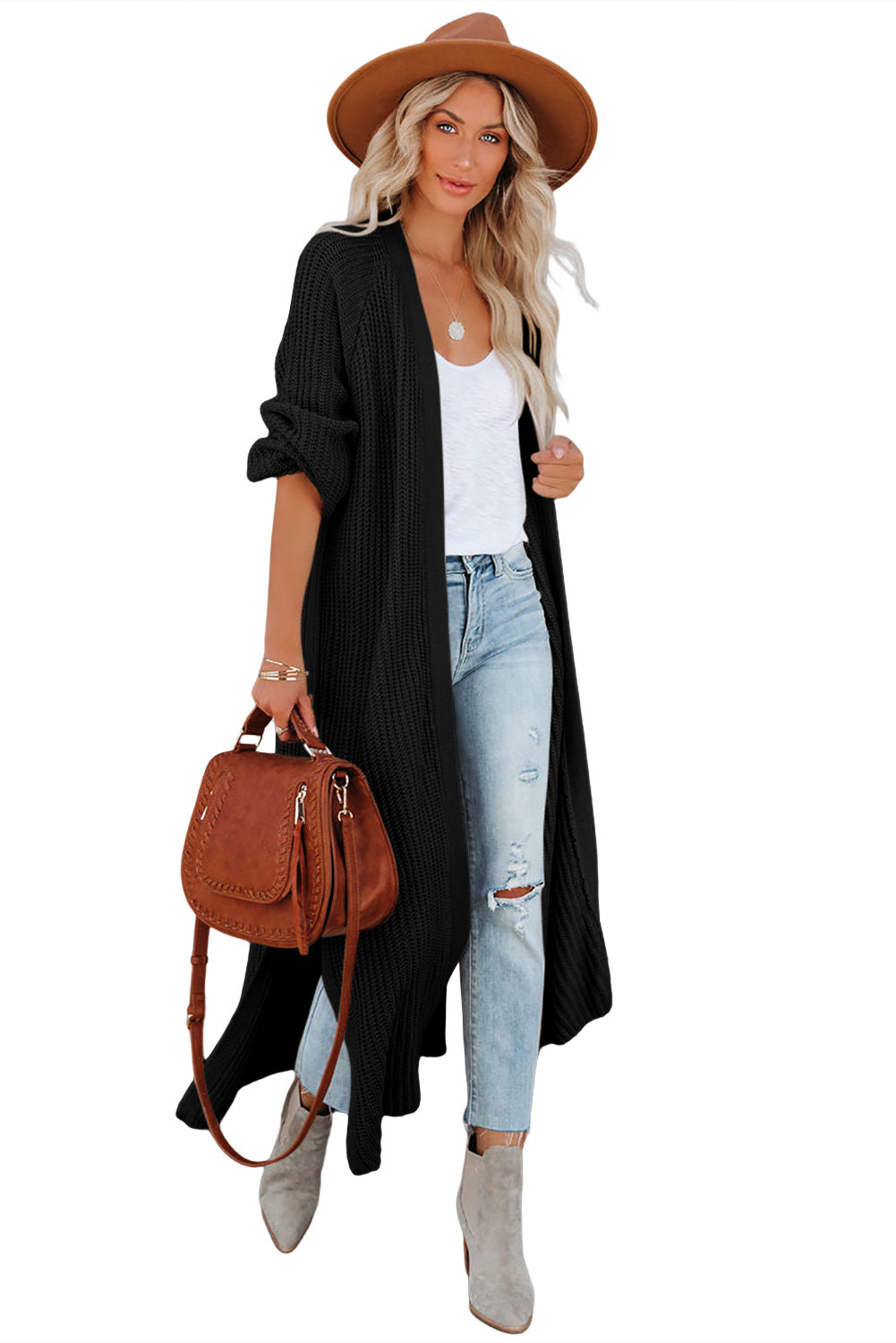 Black Open Front Side Slit Duster Knit Cardigan