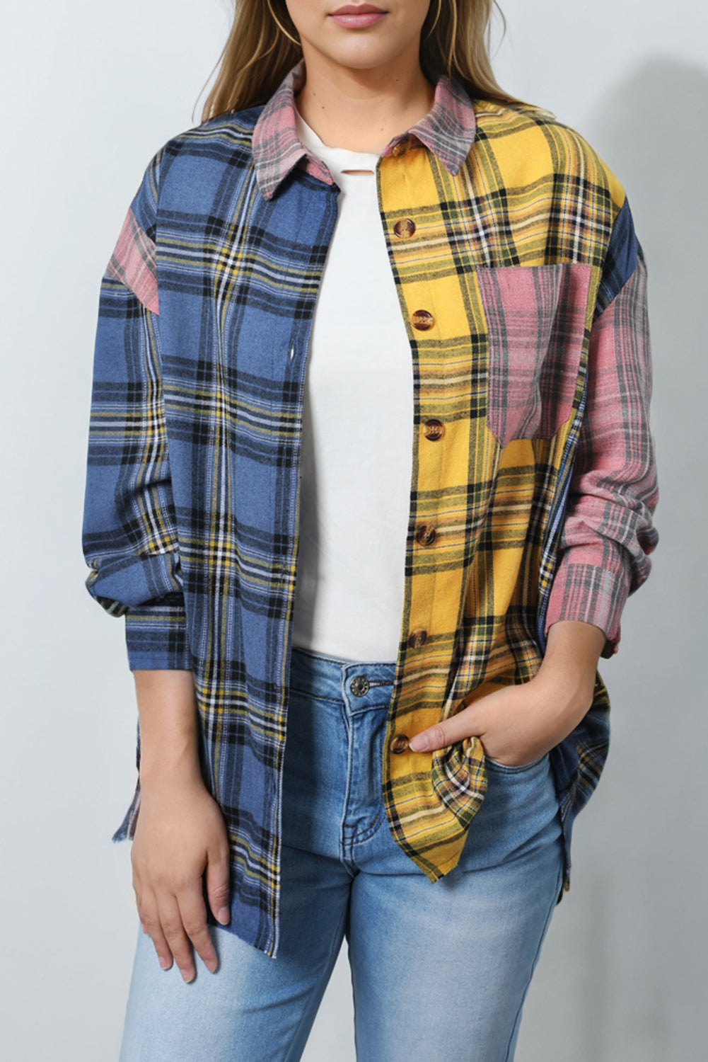 Multicolor Plaid Colorblock Patchwork Shirt