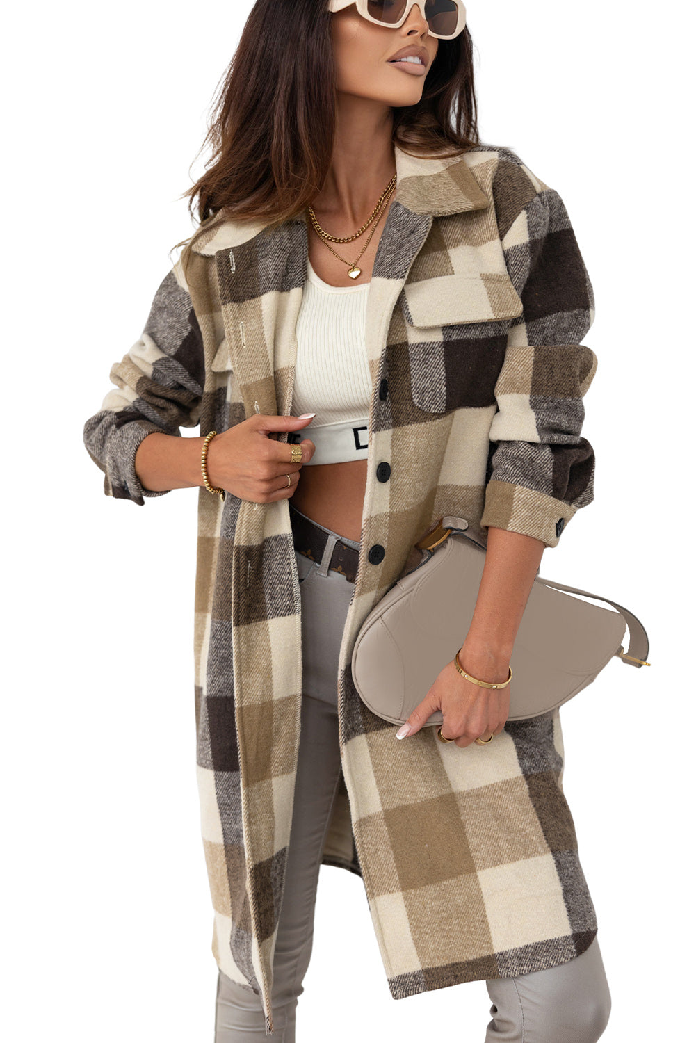 Rose Tan Plaid Button-Down Flap Pocket Long Shacket