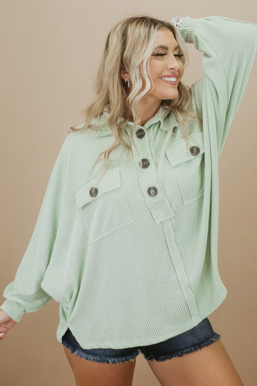 Green Plus Size Ribbed Pocketed Long Sleeve Henley Top