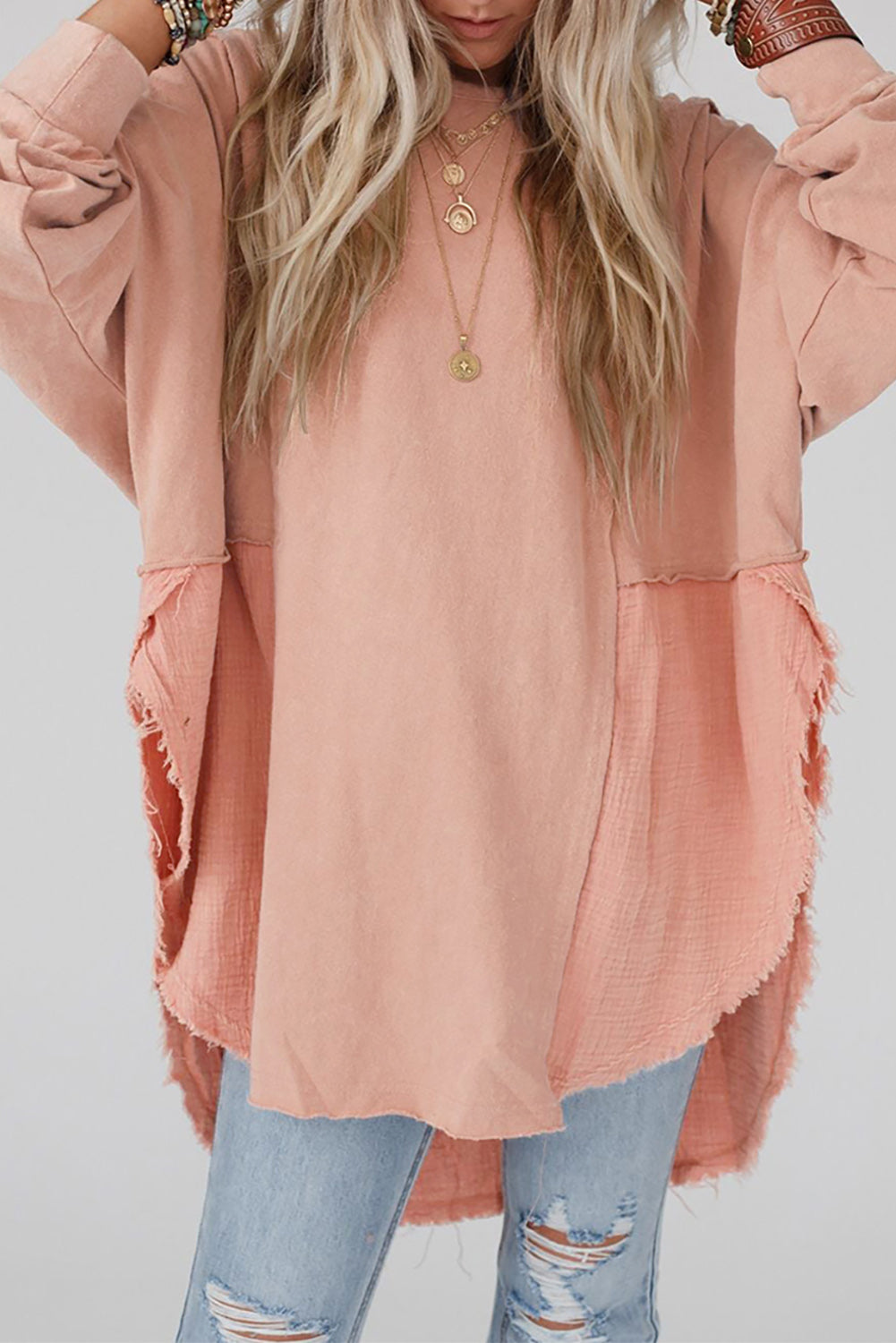 Rose Pink Crinkle Splicing Raw Hem High Low Oversized Blouse