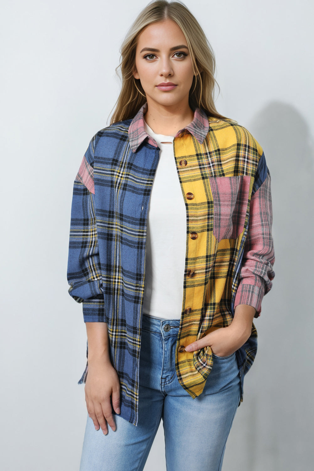 Multicolor Plaid Colorblock Patchwork Shirt