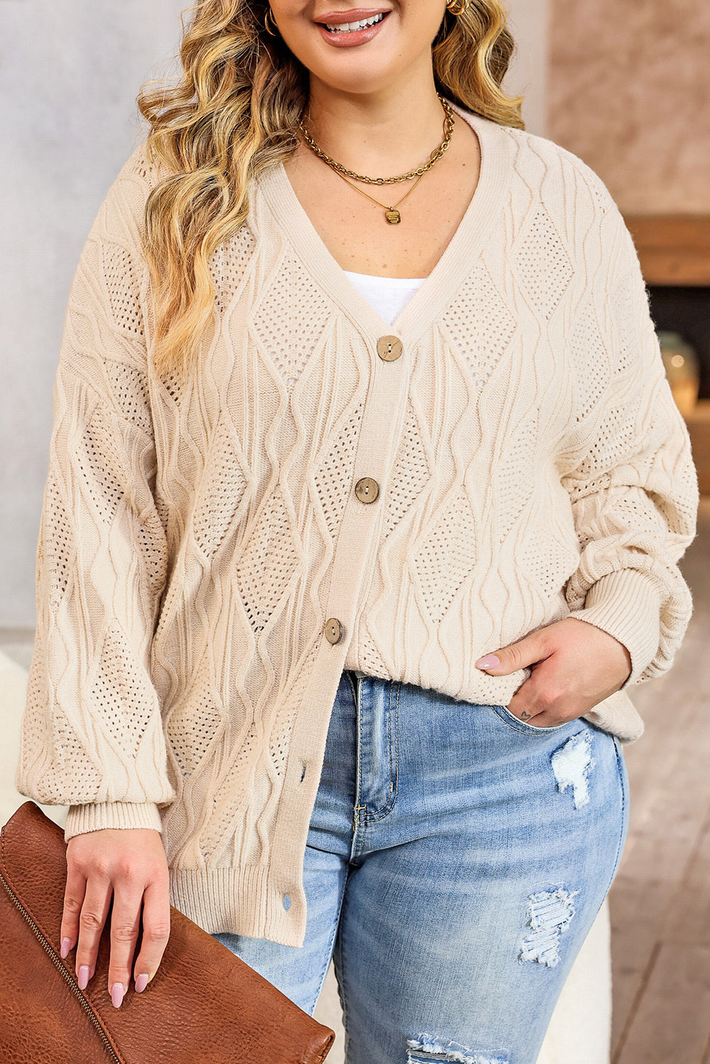 Gray Plus Size Knitted Hollow out Button up Cardigan