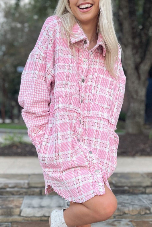 Pink Houndstooth Splicing Oversized Tweed Shacket