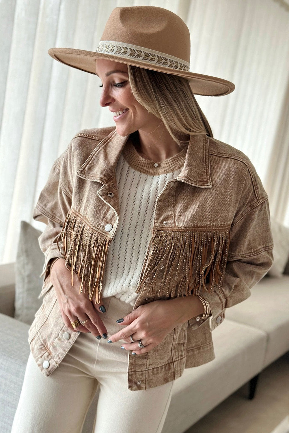 Brown Rhinestone Fringed Cowgirl Fashion Denim Jacket