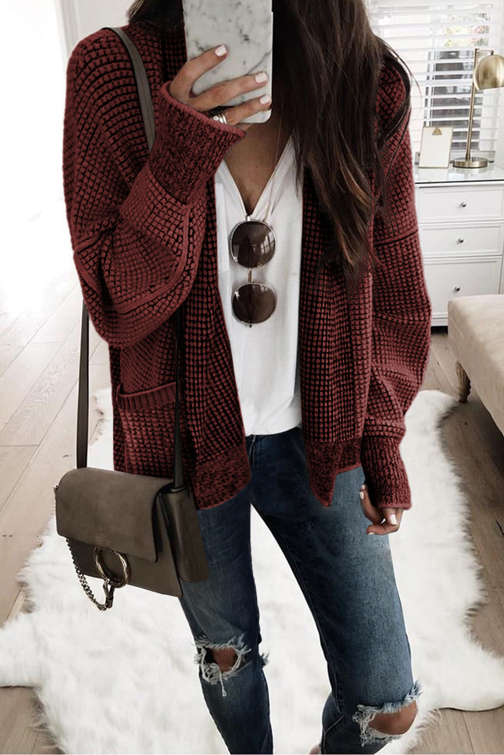 Gray Chunky Waffle Knit Oversized Collar Cardigan