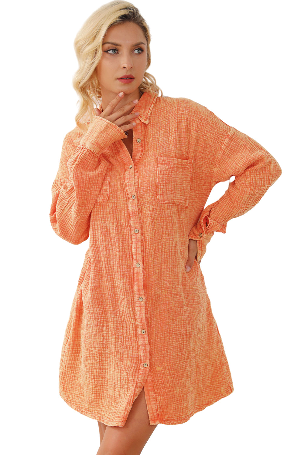 Orange Crinkled Dual Chest Pocket Oversized Shirt Dress