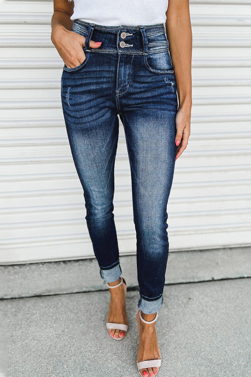 Blue Vintage Washed Two-button High Waist Skinny Jeans