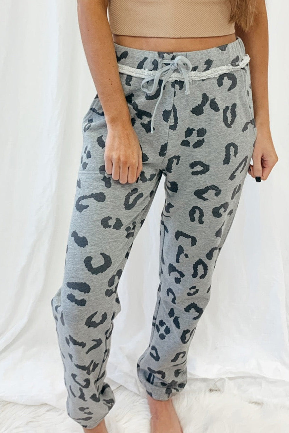 Gray Leopard Print Drawstring High Waist Jogger Pants