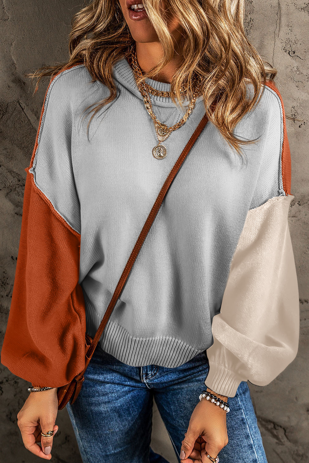 Coffee Colorblock Bishop Sleeve Ribbed Trim Sweater