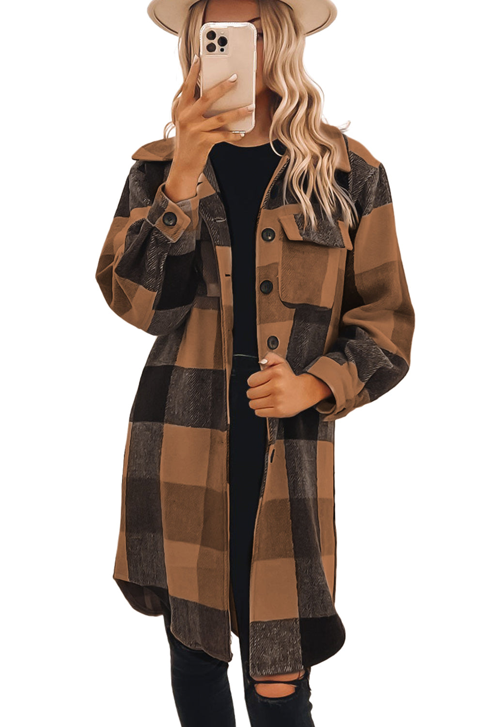 Rose Tan Plaid Button-Down Flap Pocket Long Shacket