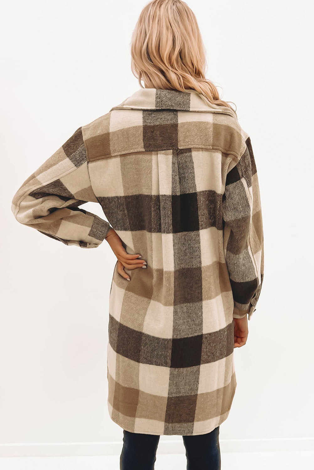 Rose Tan Plaid Button-Down Flap Pocket Long Shacket