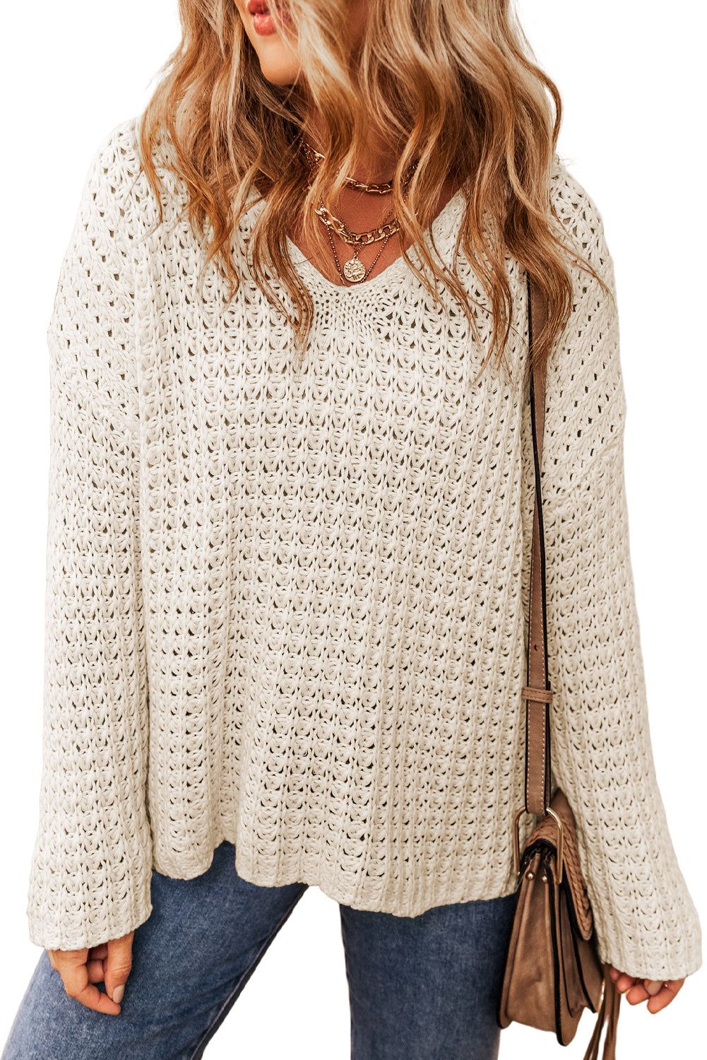 Carrot Hollow-out Crochet V Neck Sweater