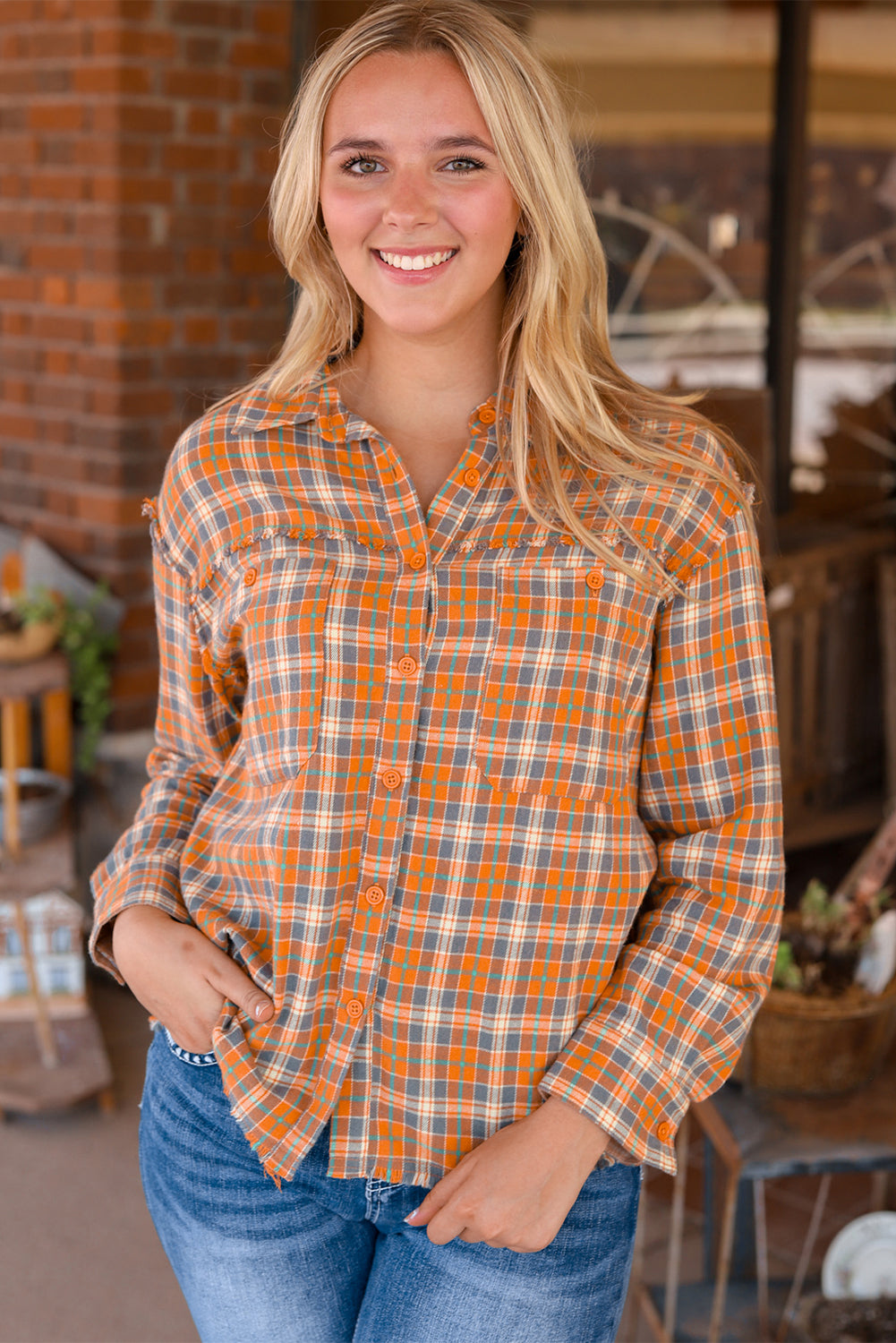 Ginger Plaid Embroidery Patch Button-Down Shacket