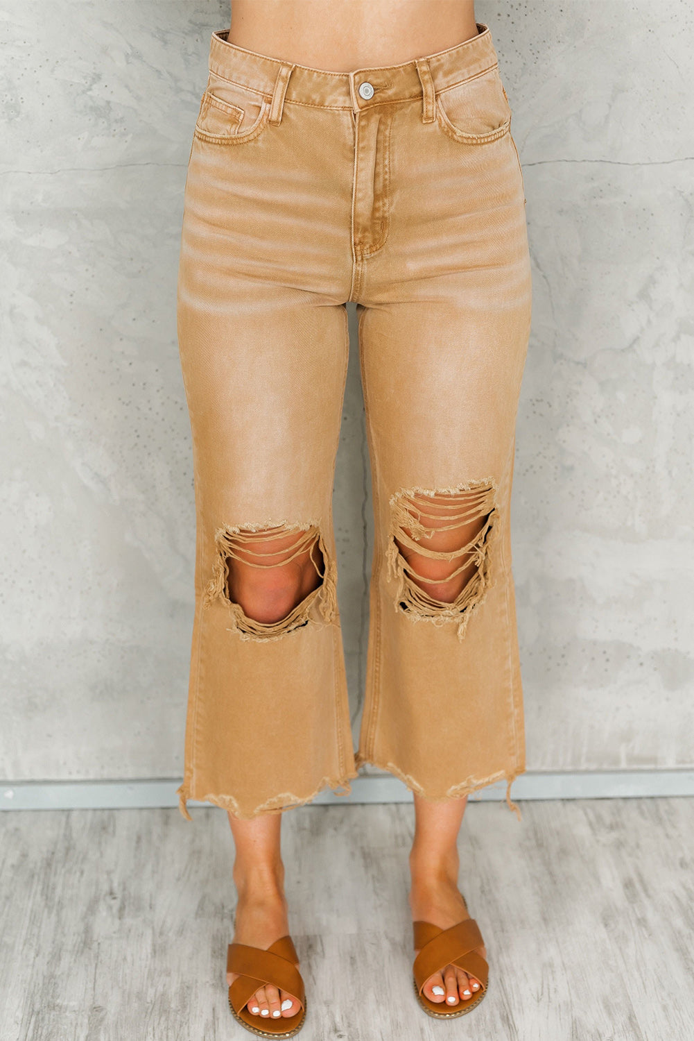 Brown Distressed Hollow-out High Waist Cropped Flare Jeans