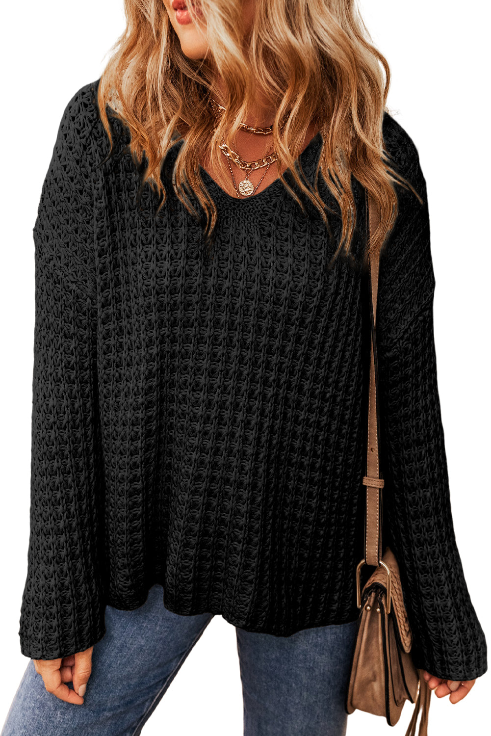 Carrot Hollow-out Crochet V Neck Sweater