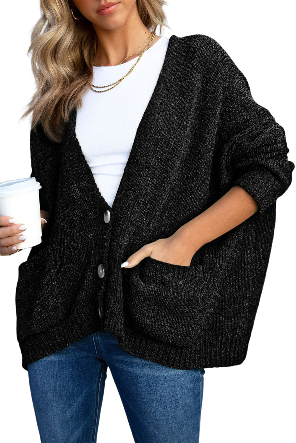 Black Buttons Front Pocketed Sweater Cardigan