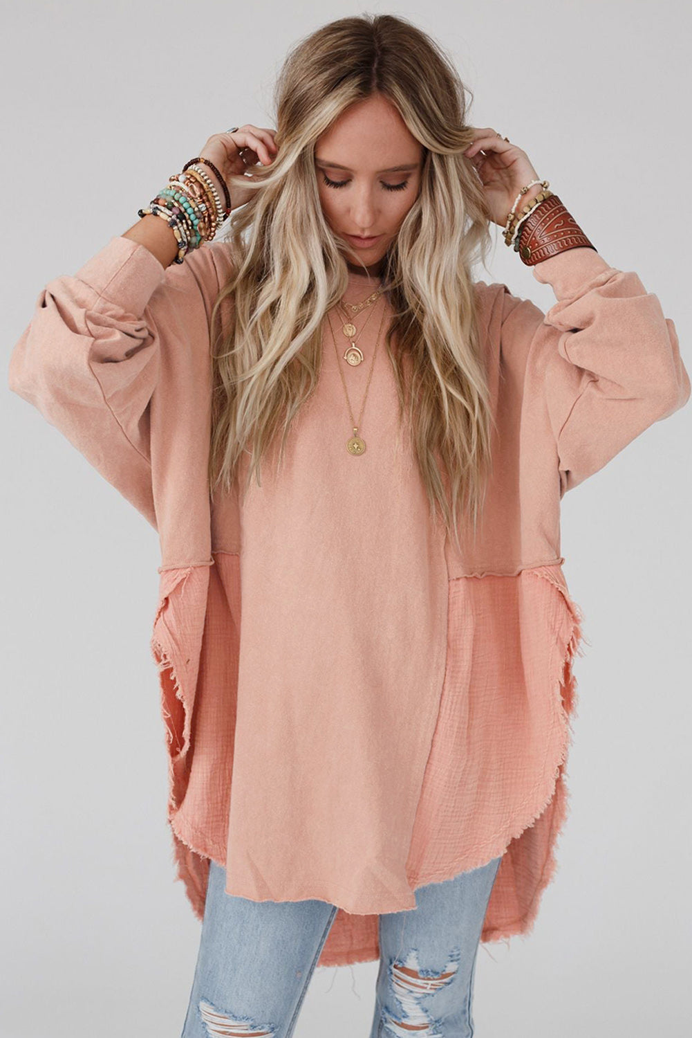 Rose Pink Crinkle Splicing Raw Hem High Low Oversized Blouse