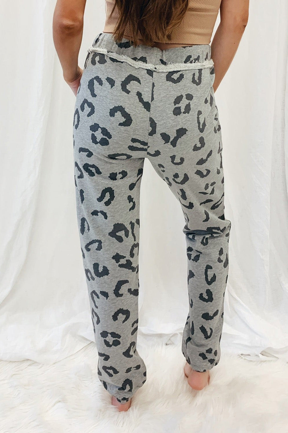 Gray Leopard Print Drawstring High Waist Jogger Pants