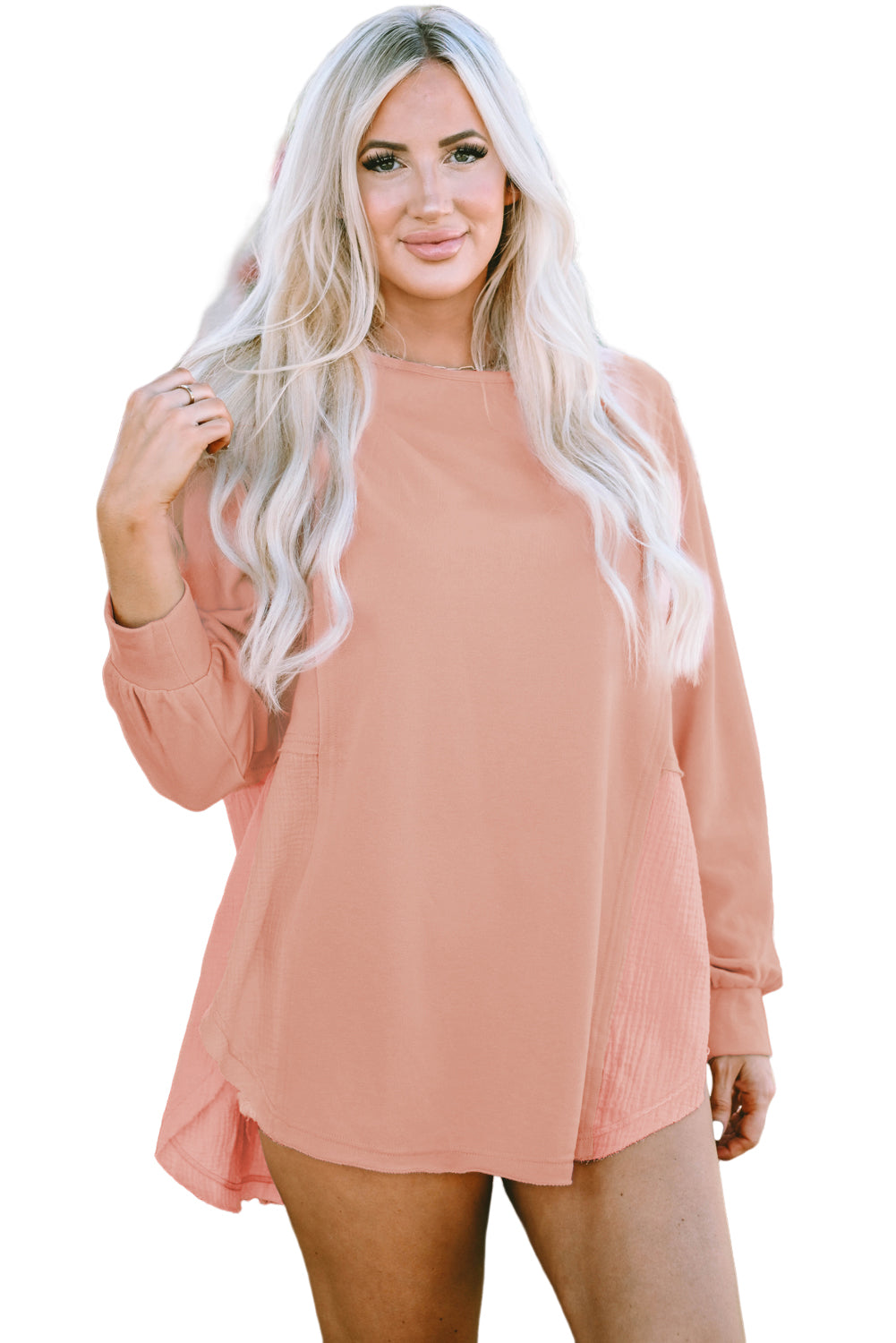 Rose Pink Crinkle Splicing Raw Hem High Low Oversized Blouse