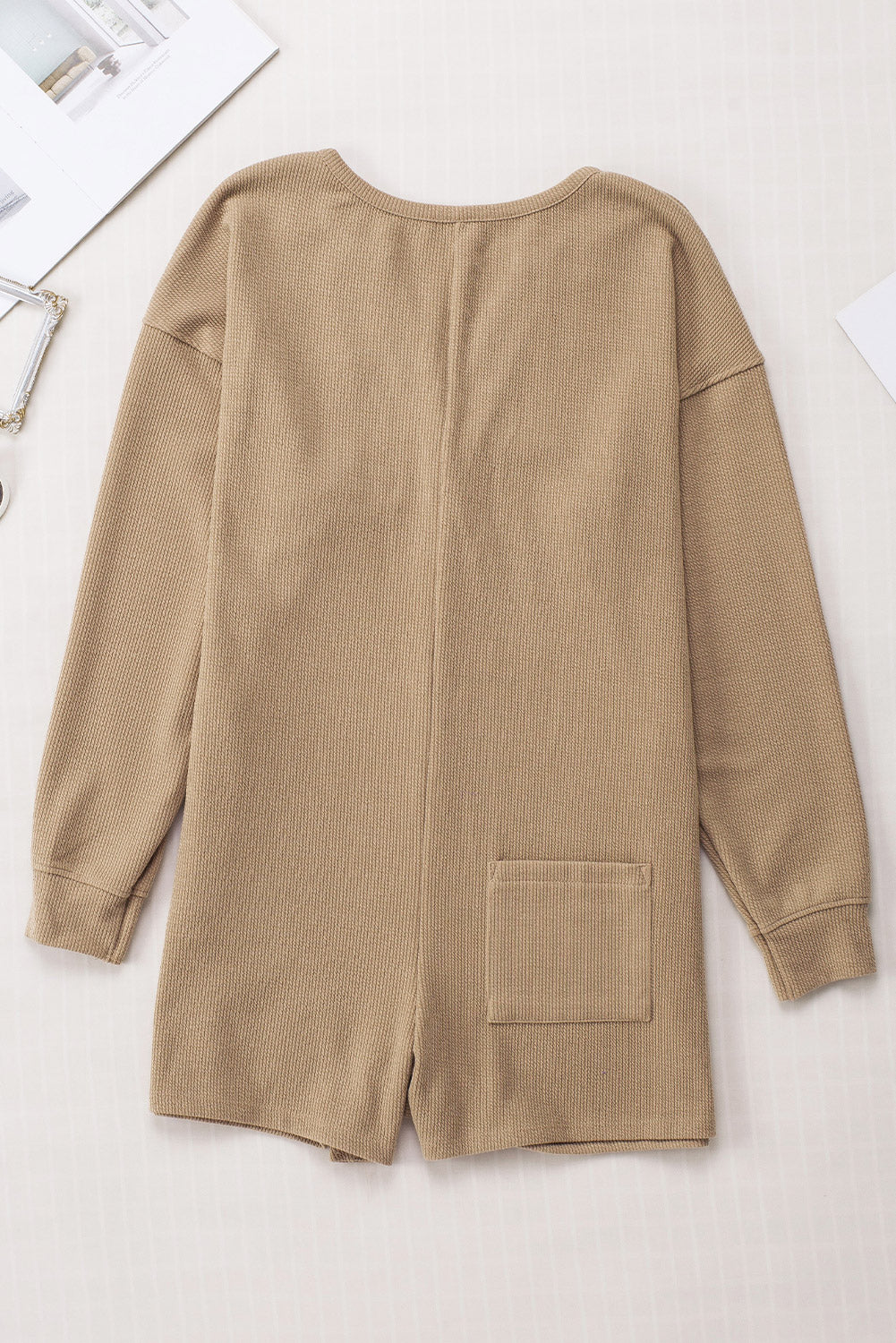 Khaki Brushed Ribbed Button Split V Neck Long Sleeve Romper