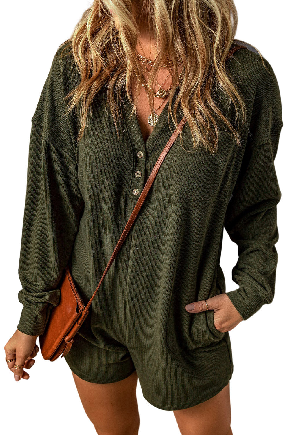 Khaki Brushed Ribbed Button Split V Neck Long Sleeve Romper