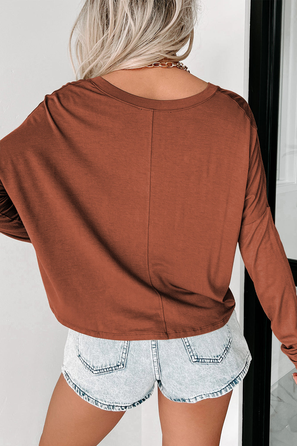 Sandalwood Loose V Neck Dropped Long Sleeve Top