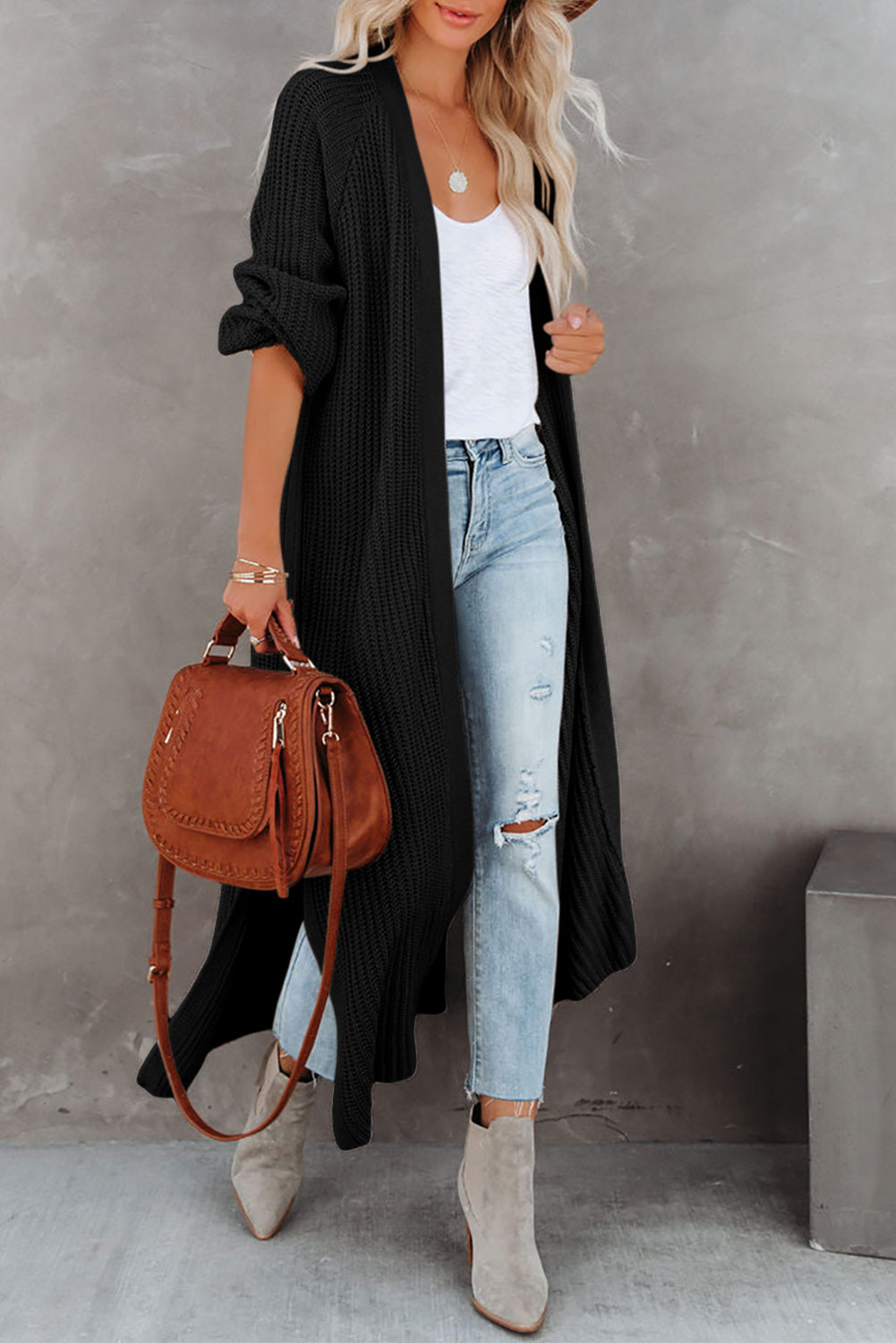 Black Open Front Side Slit Duster Knit Cardigan