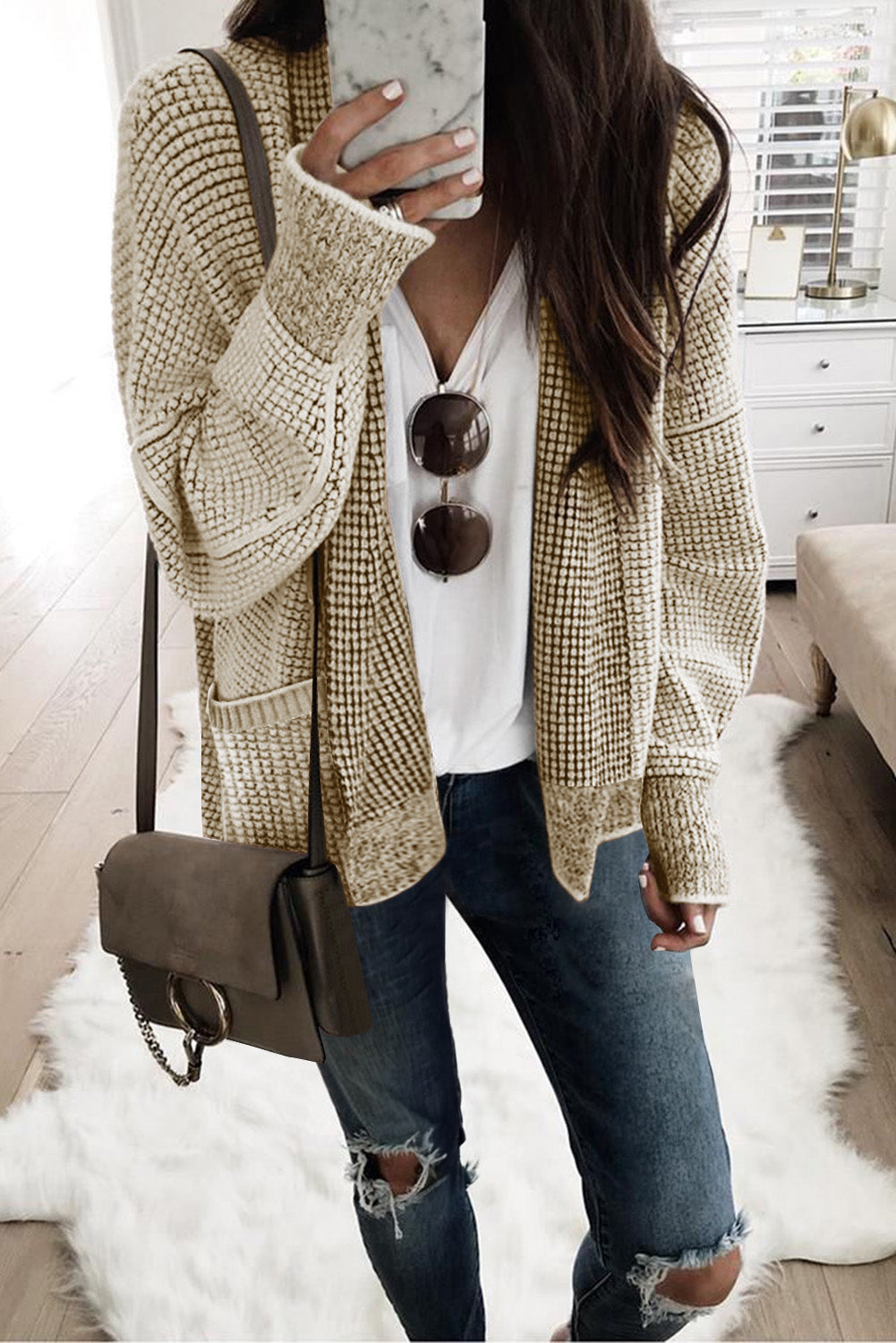 Gray Chunky Waffle Knit Oversized Collar Cardigan