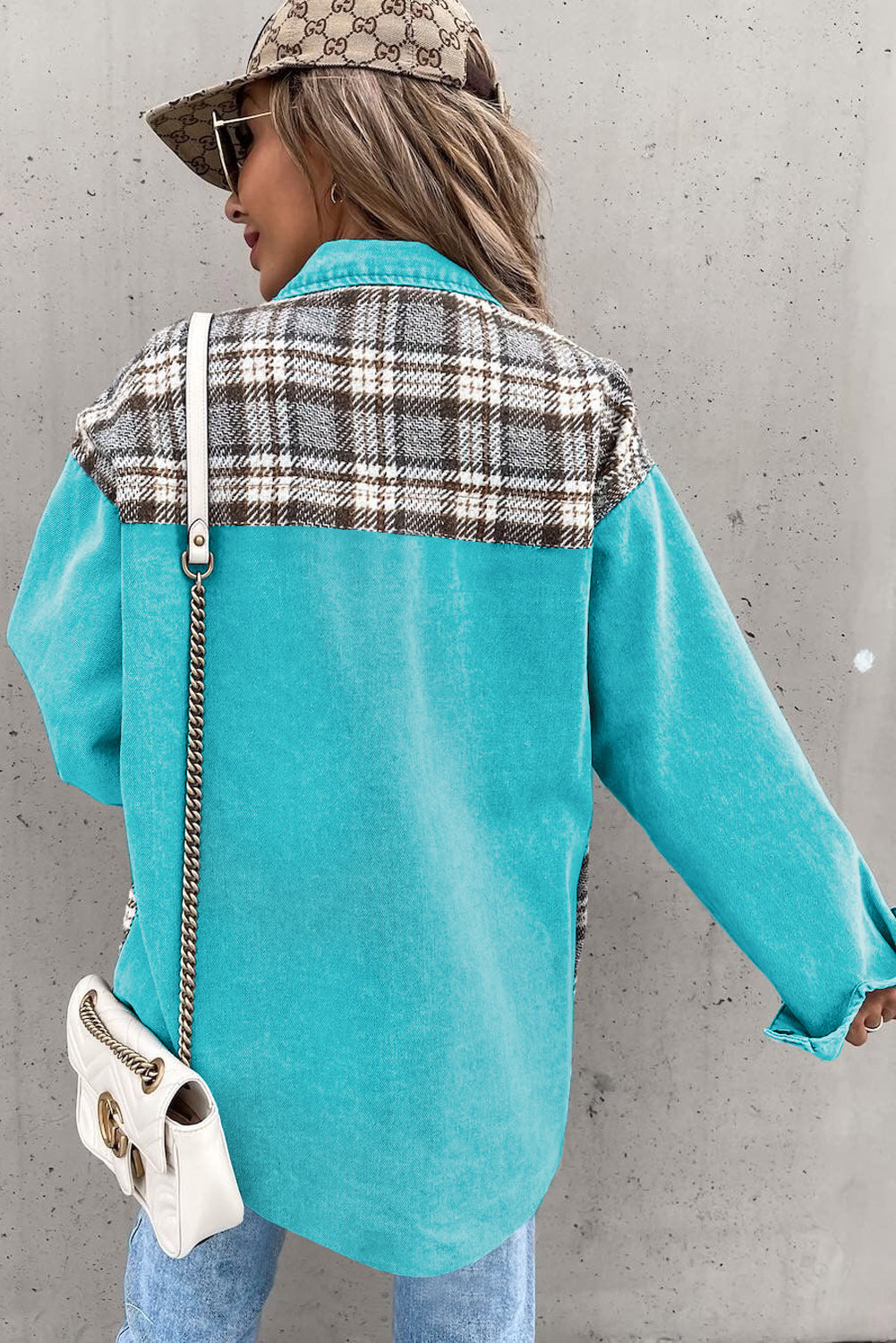 Sky Blue Plaid Patchwork Pockets Denim Jacket