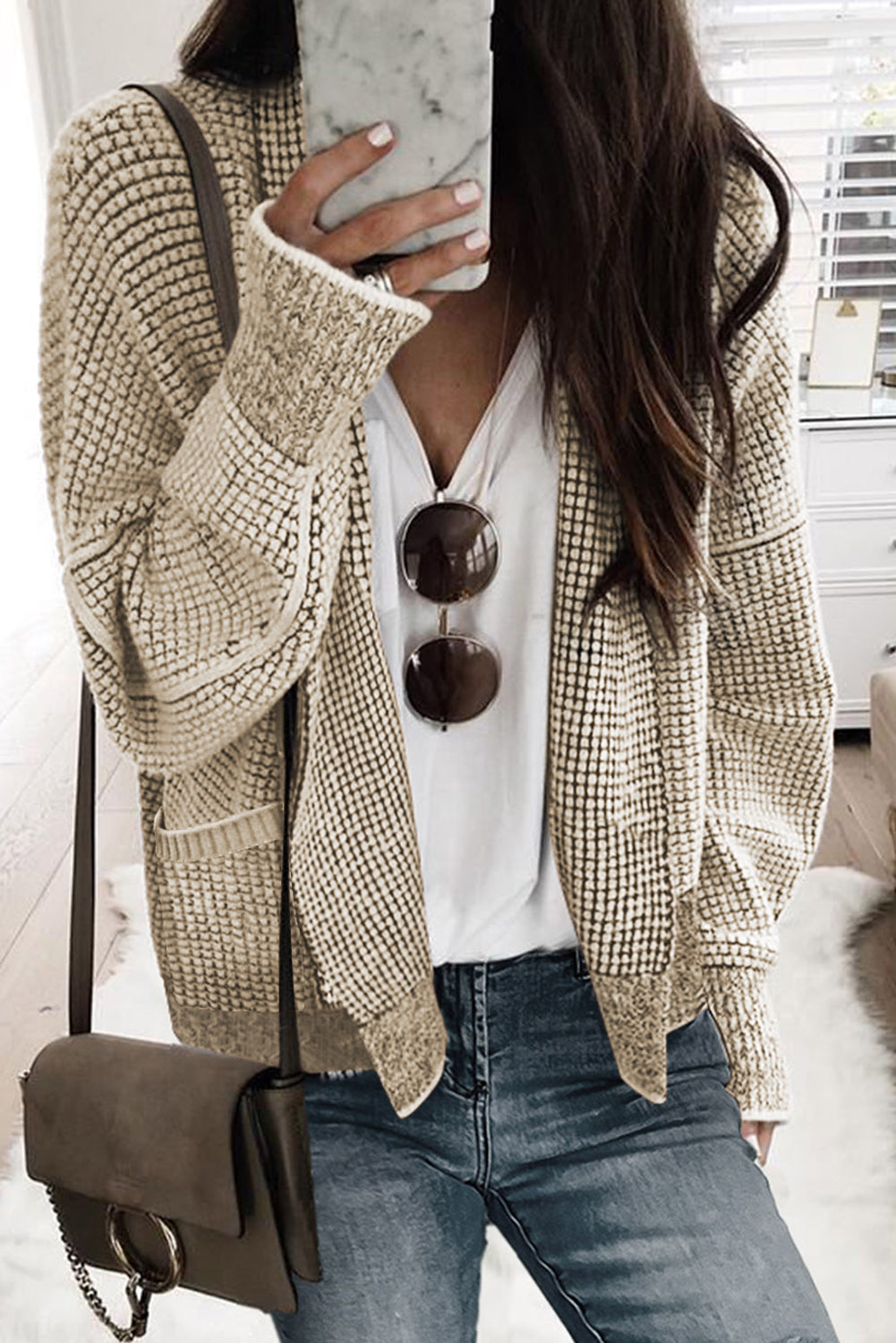 Gray Chunky Waffle Knit Oversized Collar Cardigan