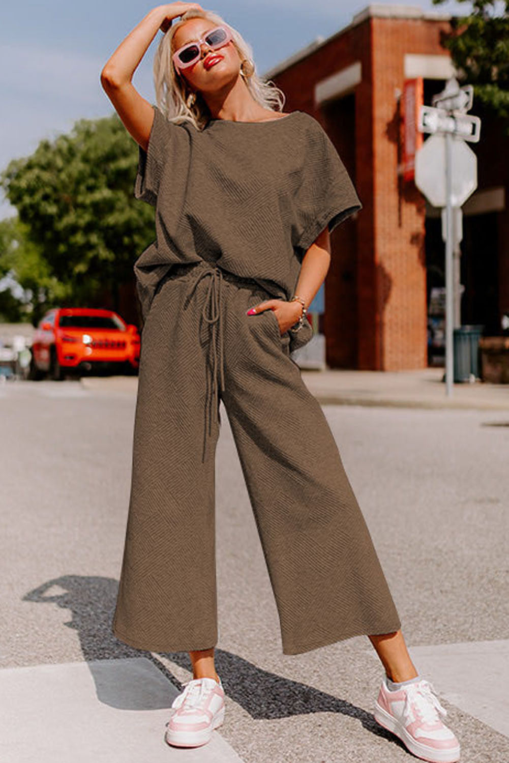 Black Textured Loose Fit T Shirt and Drawstring Pants Set