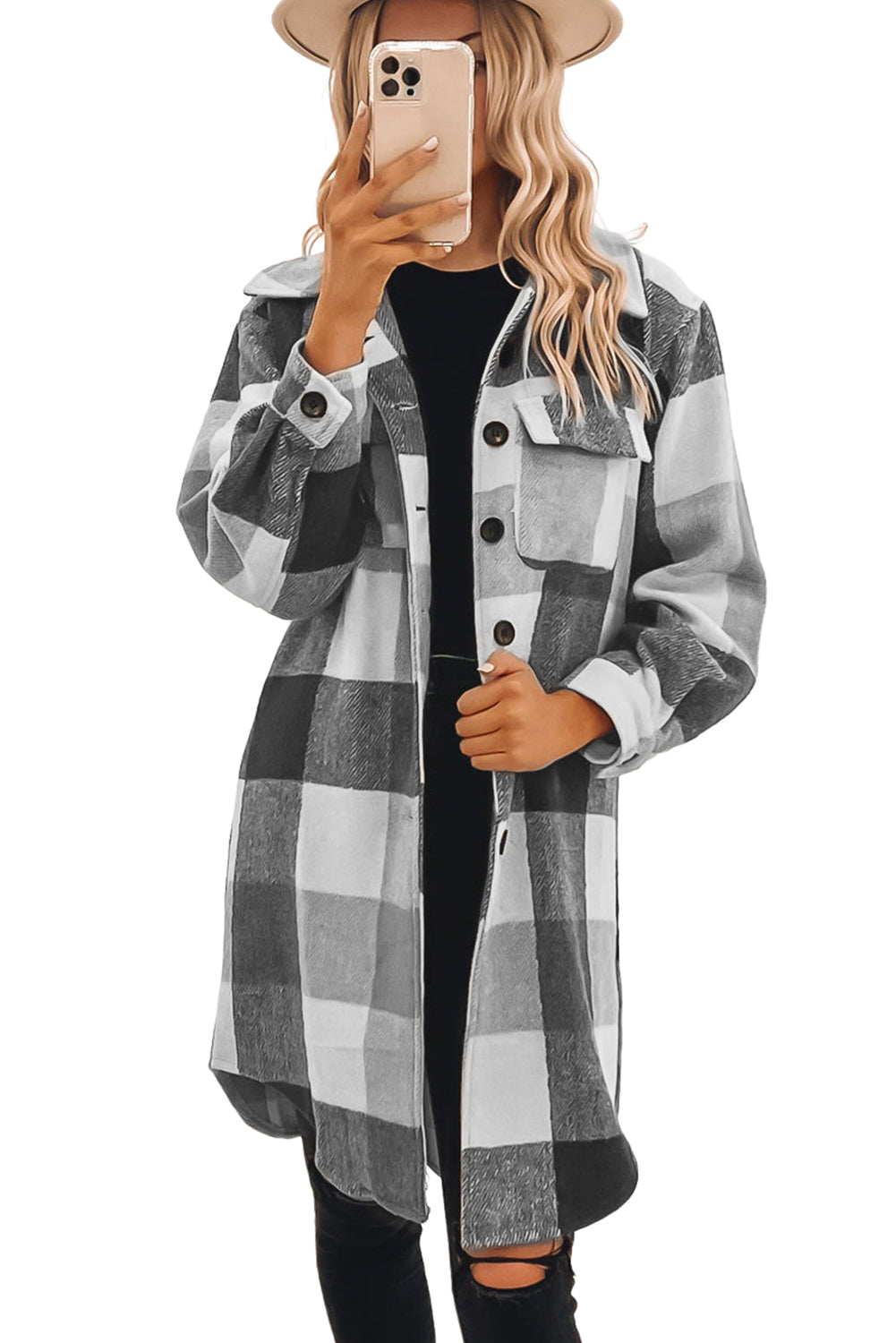 Rose Tan Plaid Button-Down Flap Pocket Long Shacket